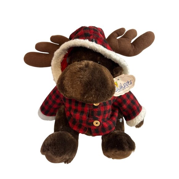 Wishpets Plush Moose 11" In Red & Black Buffalo Plaid Hoodie #83204 - Picture 1 of 10